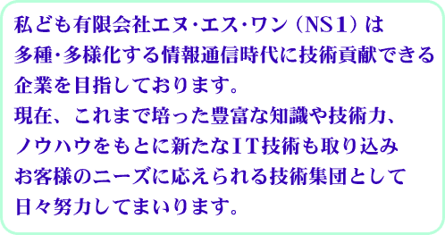 私ども有限会社エヌ･エス･ワン（NS1）は多種･多様化する情報通信時代に技術貢献できる企業を目指しております。現在、これまで培った豊富な知識や技術力、ノウハウをもとに新たなIT技術も取り込みお客様のニーズに応えられる技術集団として日々努力してまいります。